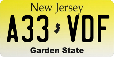 NJ license plate A33VDF
