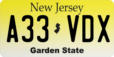 NJ license plate A33VDX