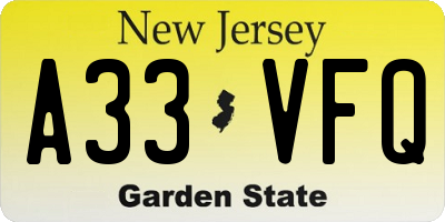 NJ license plate A33VFQ