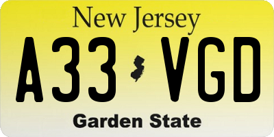 NJ license plate A33VGD