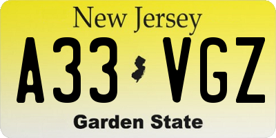 NJ license plate A33VGZ