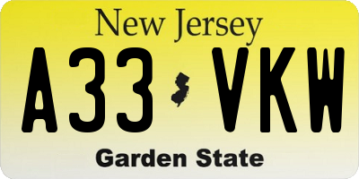 NJ license plate A33VKW