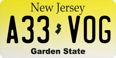 NJ license plate A33VOG