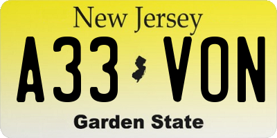 NJ license plate A33VON