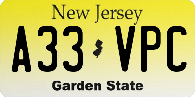 NJ license plate A33VPC