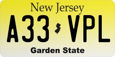 NJ license plate A33VPL