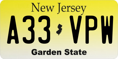NJ license plate A33VPW