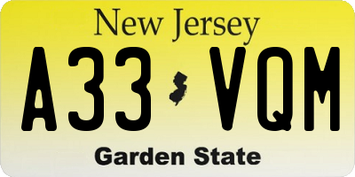 NJ license plate A33VQM