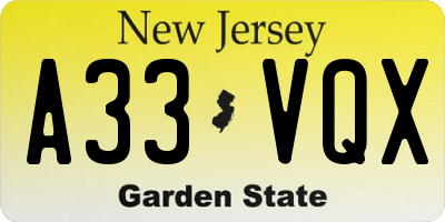 NJ license plate A33VQX