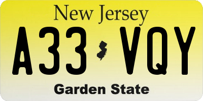 NJ license plate A33VQY