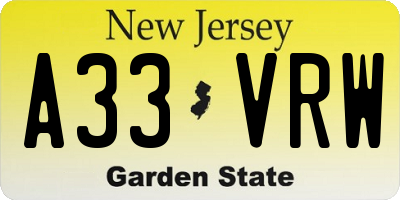 NJ license plate A33VRW