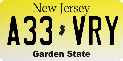 NJ license plate A33VRY