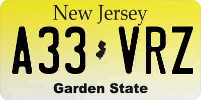 NJ license plate A33VRZ