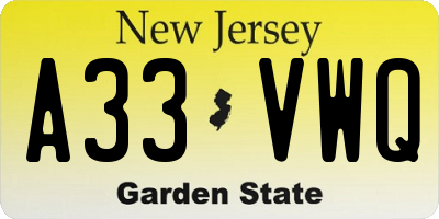 NJ license plate A33VWQ