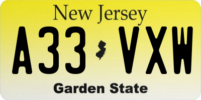 NJ license plate A33VXW