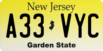 NJ license plate A33VYC