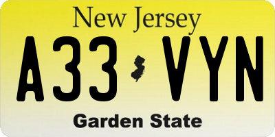 NJ license plate A33VYN