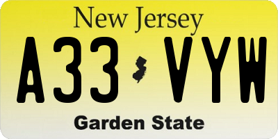 NJ license plate A33VYW