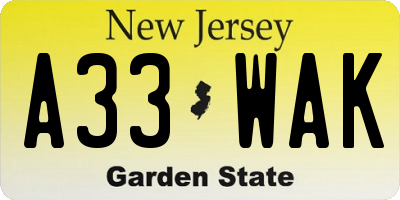 NJ license plate A33WAK