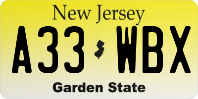 NJ license plate A33WBX