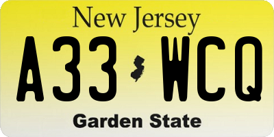 NJ license plate A33WCQ