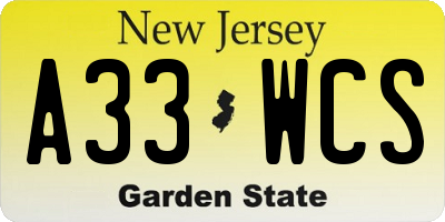 NJ license plate A33WCS