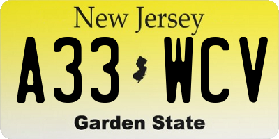 NJ license plate A33WCV