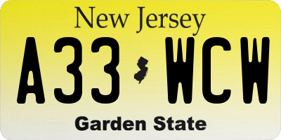 NJ license plate A33WCW