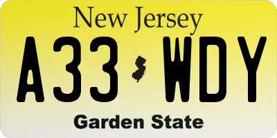 NJ license plate A33WDY