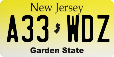 NJ license plate A33WDZ