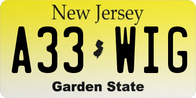NJ license plate A33WIG