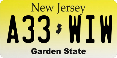 NJ license plate A33WIW