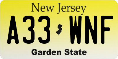 NJ license plate A33WNF