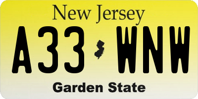 NJ license plate A33WNW