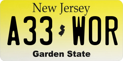 NJ license plate A33WOR