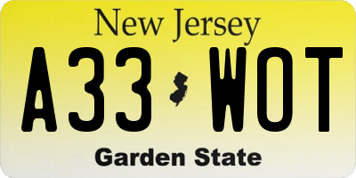 NJ license plate A33WOT