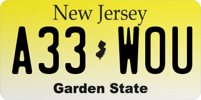NJ license plate A33WOU