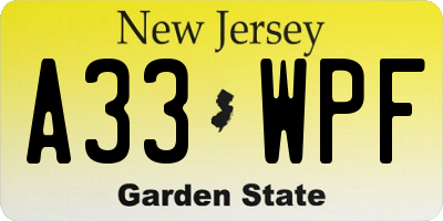NJ license plate A33WPF