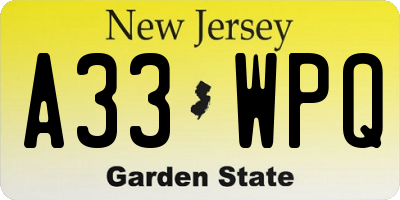 NJ license plate A33WPQ