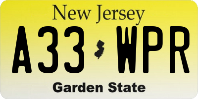 NJ license plate A33WPR