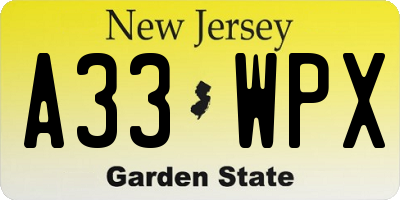 NJ license plate A33WPX