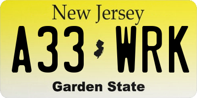 NJ license plate A33WRK
