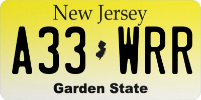 NJ license plate A33WRR