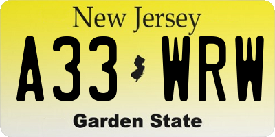 NJ license plate A33WRW