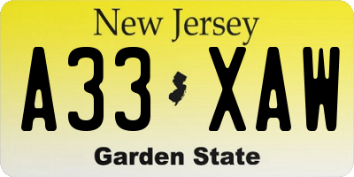 NJ license plate A33XAW