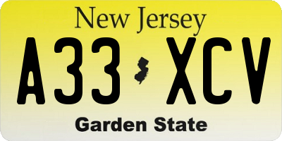 NJ license plate A33XCV