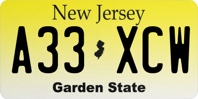 NJ license plate A33XCW