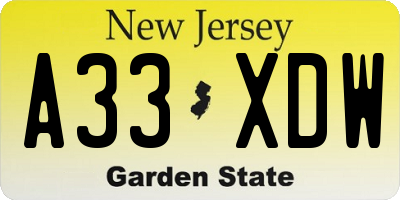 NJ license plate A33XDW