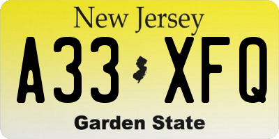 NJ license plate A33XFQ