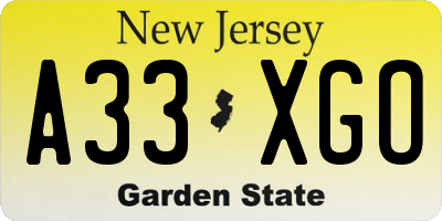 NJ license plate A33XGO